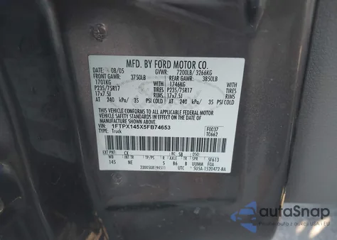 2005 Ford F-150 Fx4/Lariat/Xl/Xlt z USA, uszkodzony, nr VIN 1FTPX145X5FB74653